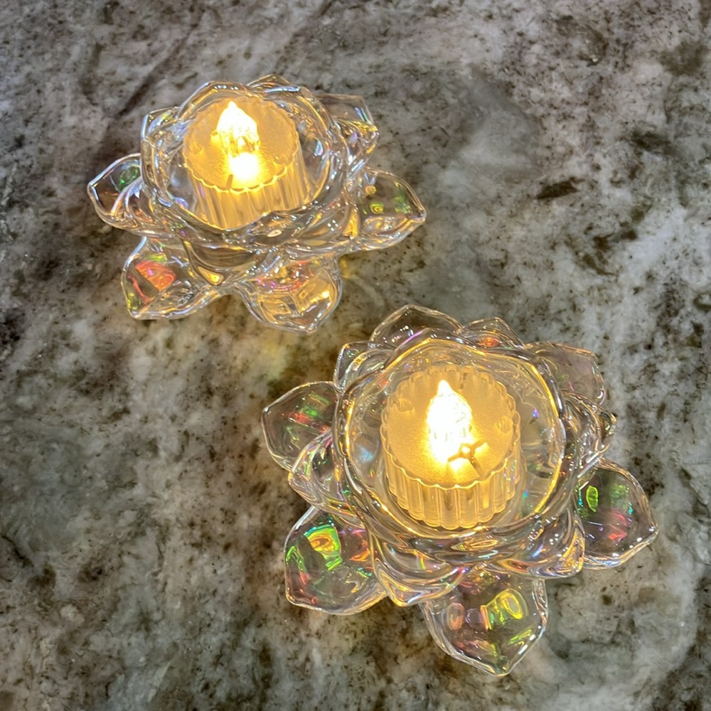 Iridescent Lotus Candle Holders Glass Set Of 2